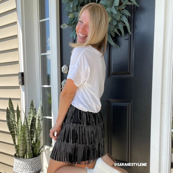 Main Strip Stud Fringe Black Mini Skirt LS40298 - Picture 2 of 11